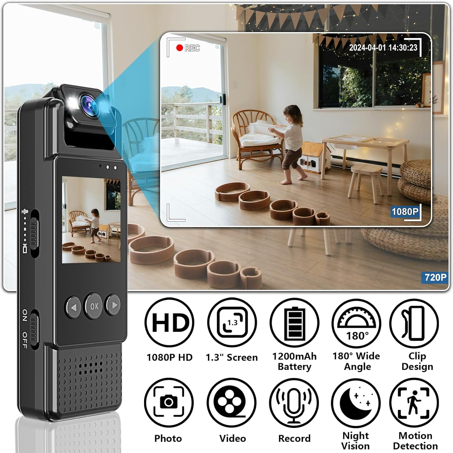 Kompakte Kamera mit Bildschirm zeigt ein Kind in einem Zimmer. Features: HD, 1.3" Bildschirm, Akku, Weitwinkel.