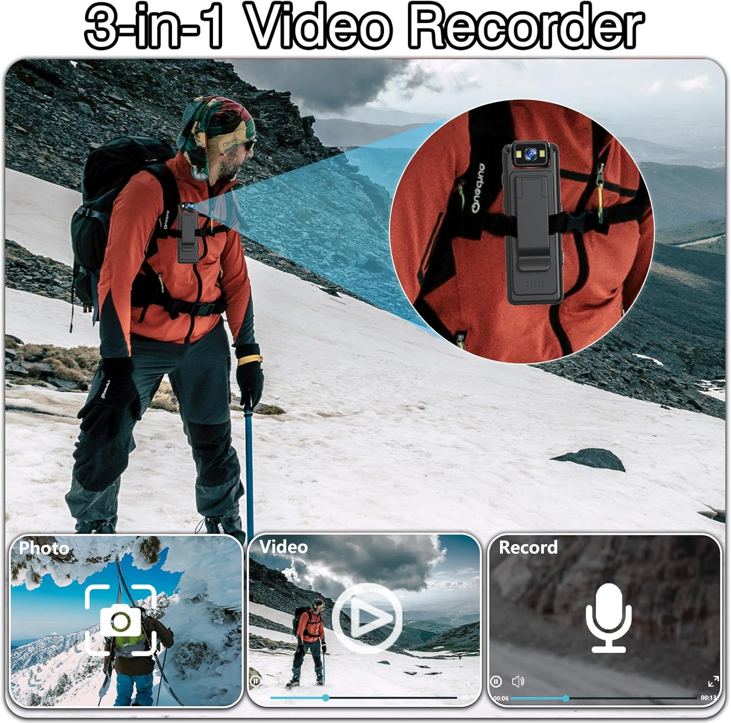 Ein Mann in Bergkleidung mit Rucksack und Kamera, Berglandschaft mit Schnee.