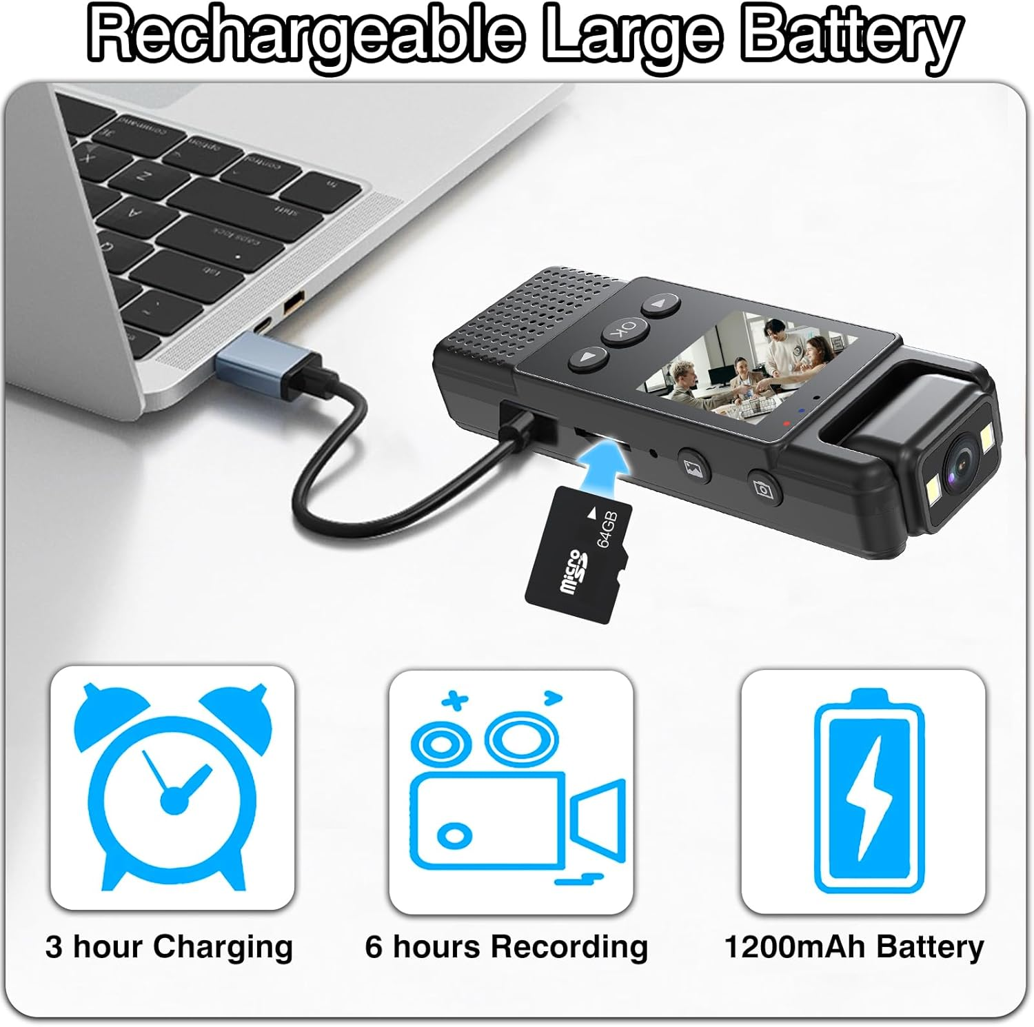 Kompakte Kamera lädt über Laptop, 3h Ladezeit, 6h Aufnahme, 1200mAh Akku.