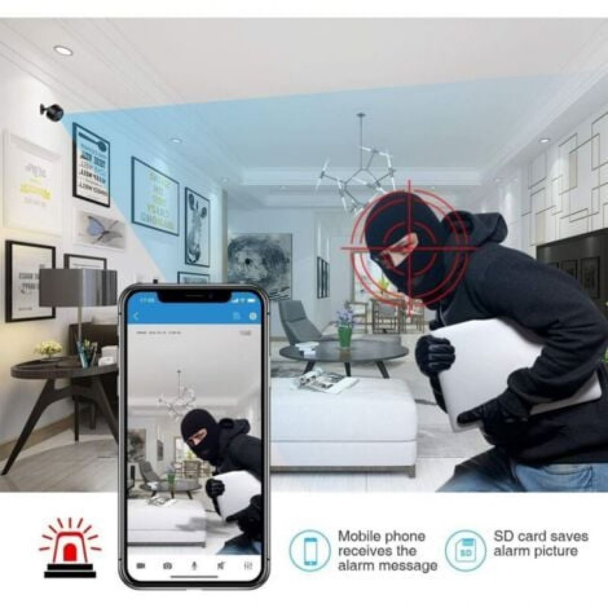 Maskierter Einbrecher in einem Haus, erfasst von Überwachungskamera auf Handy.