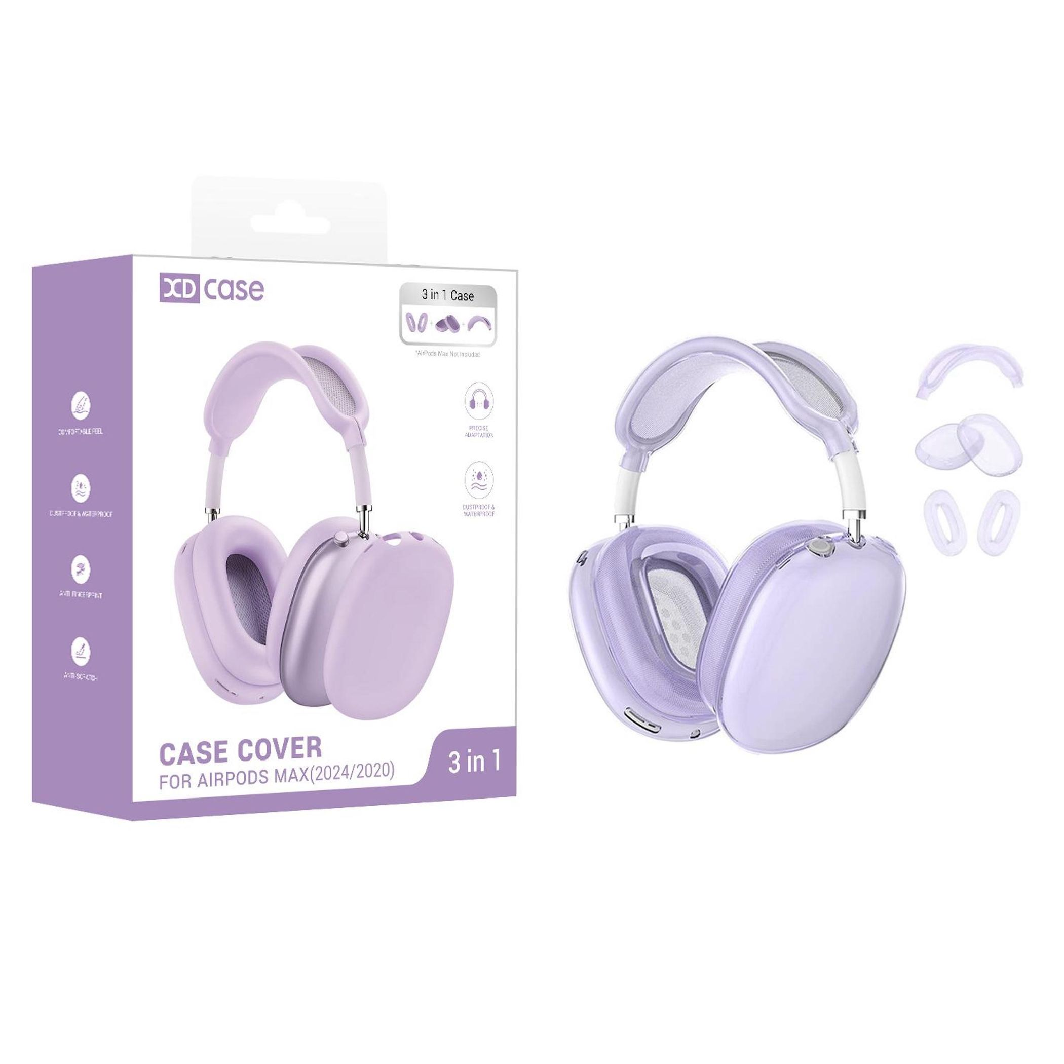 Ein lila Kopfhörer-Schutzhülle-Set für AirPods Max, mit zusätzlichen Schutzteilen.
