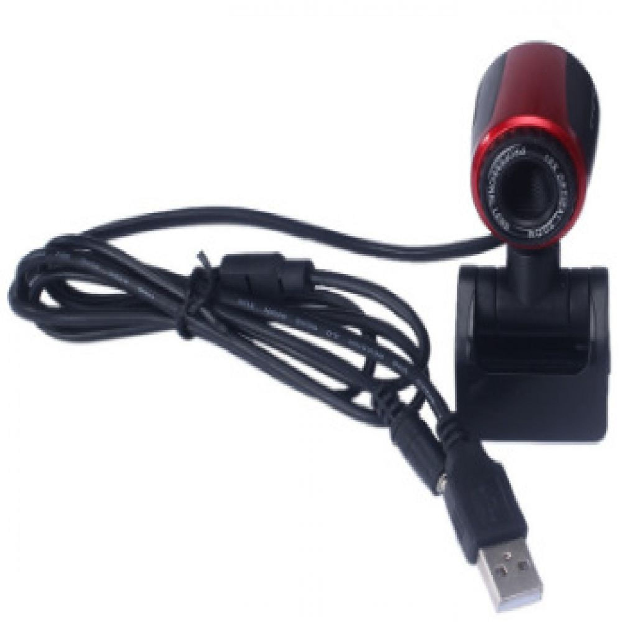 Eine rote und schwarze Webcam mit USB-Kabel liegt auf weißem Hintergrund.