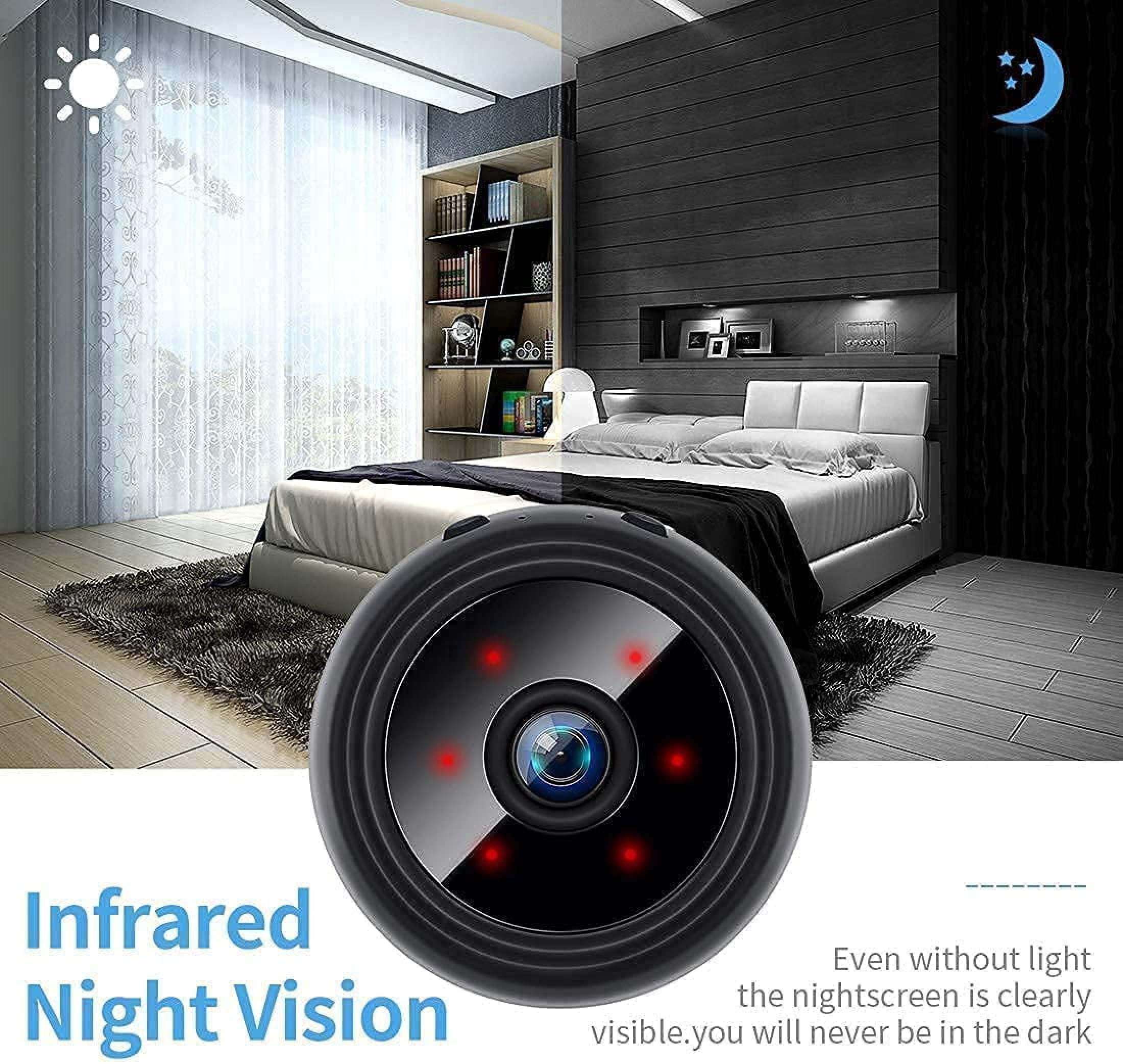 Kompakte Kamera mit Infrarot-Nachtsicht in einem Schlafzimmer.