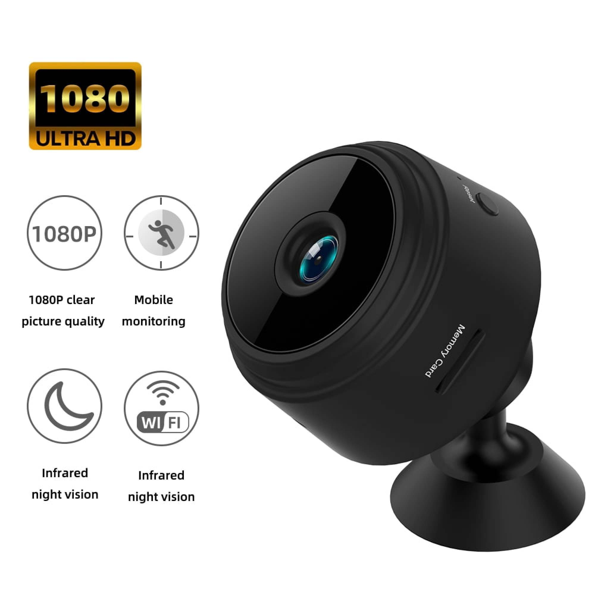 Schwarze 1080p Ultra-HD-Minikamera mit WLAN, Nachtsicht und Speicherkartenslot.