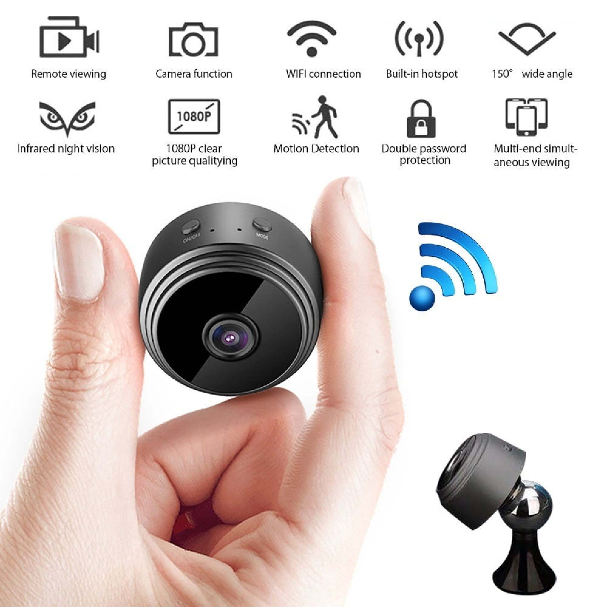 Eine Person hält eine kleine schwarze Kamera mit WiFi-Symbol. Zubehör ist abgebildet.