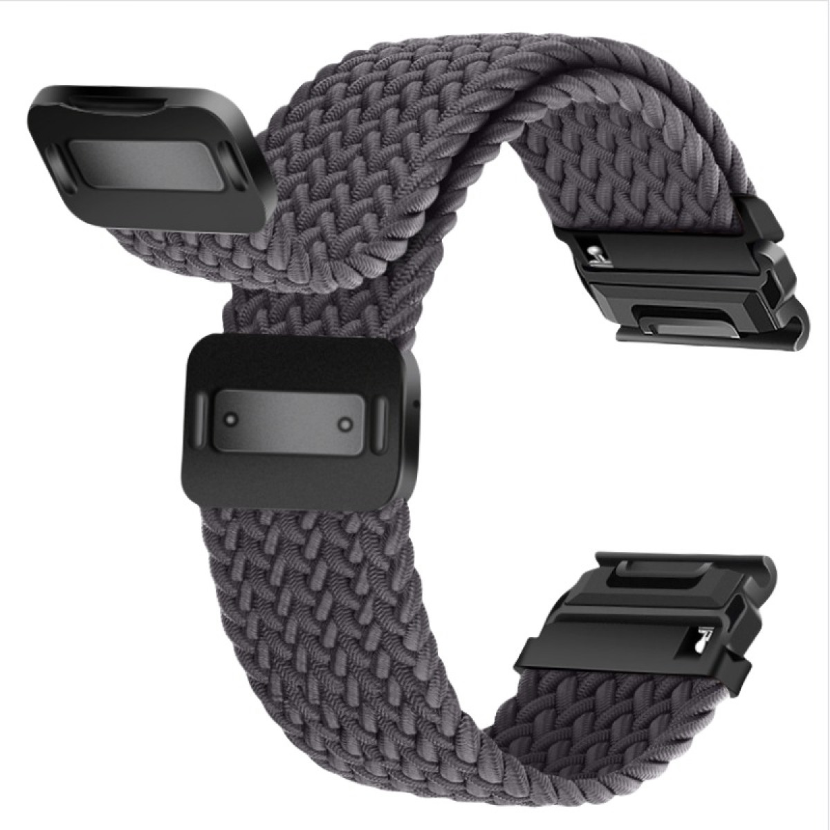 Graues, geflochtenes Uhrenarmband mit schwarzen Schnallen.