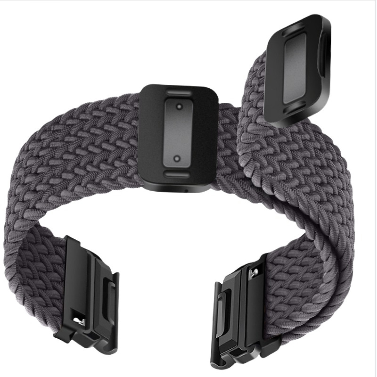 Graues geflochtenes Armband mit schwarzen Schnallen und Anschlüssen.