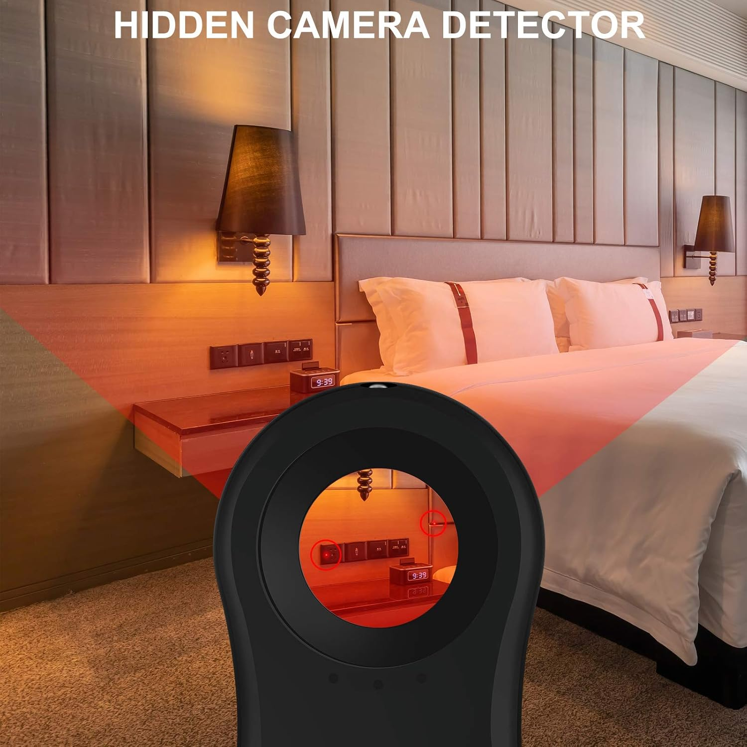 Ein Handheld-Detektor scannt ein Hotelzimmer nach versteckten Kameras.