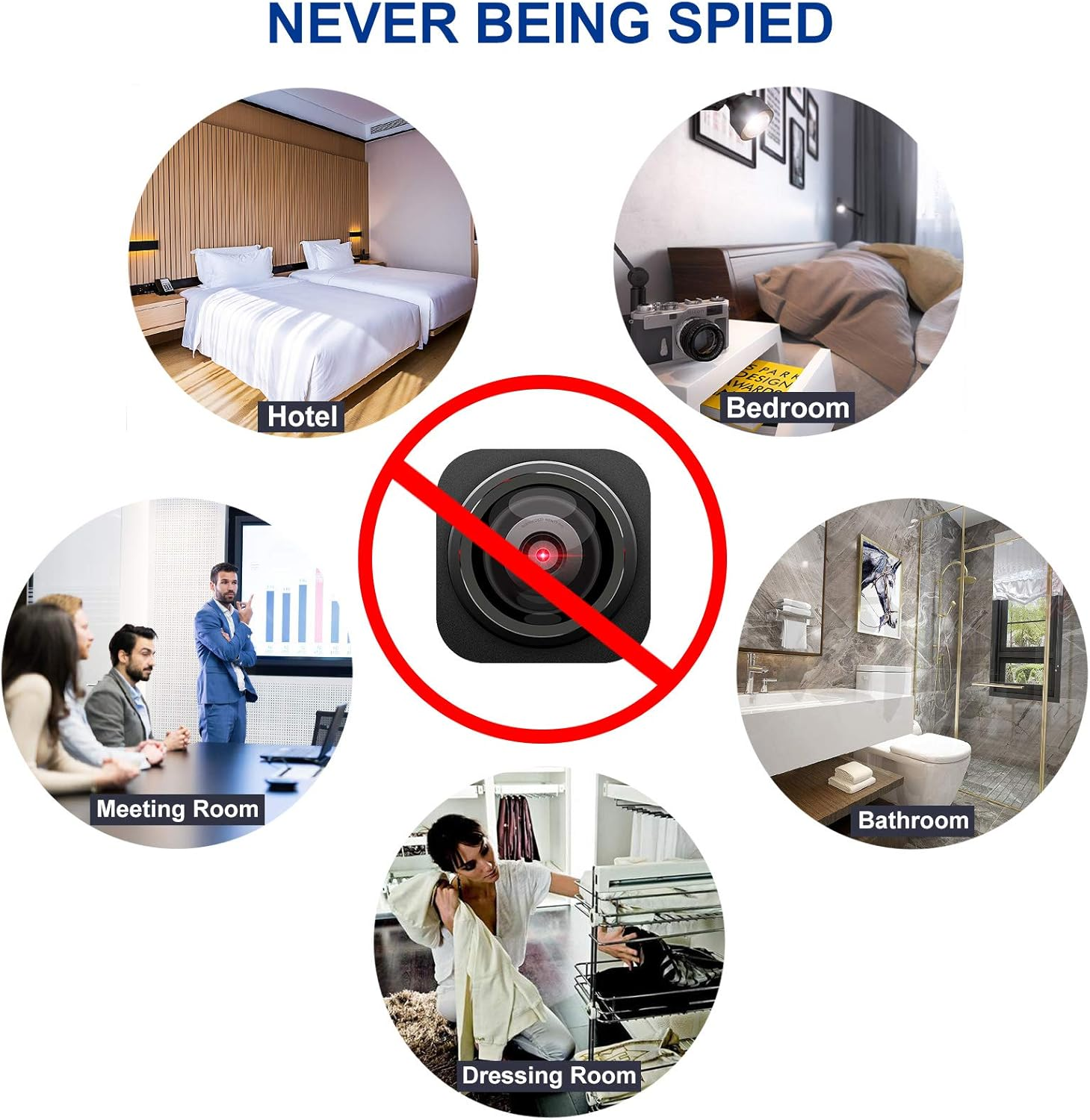 Verbotsschild über Bildern von Hotel, Schlafzimmer, Besprechungsraum, Bad und Ankleidezimmer.