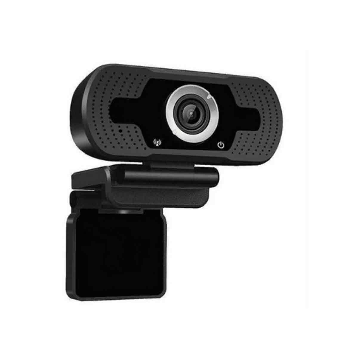 Schwarze Webcam mit Halterung und Linse, links daneben ein Netzschalter-Symbol.