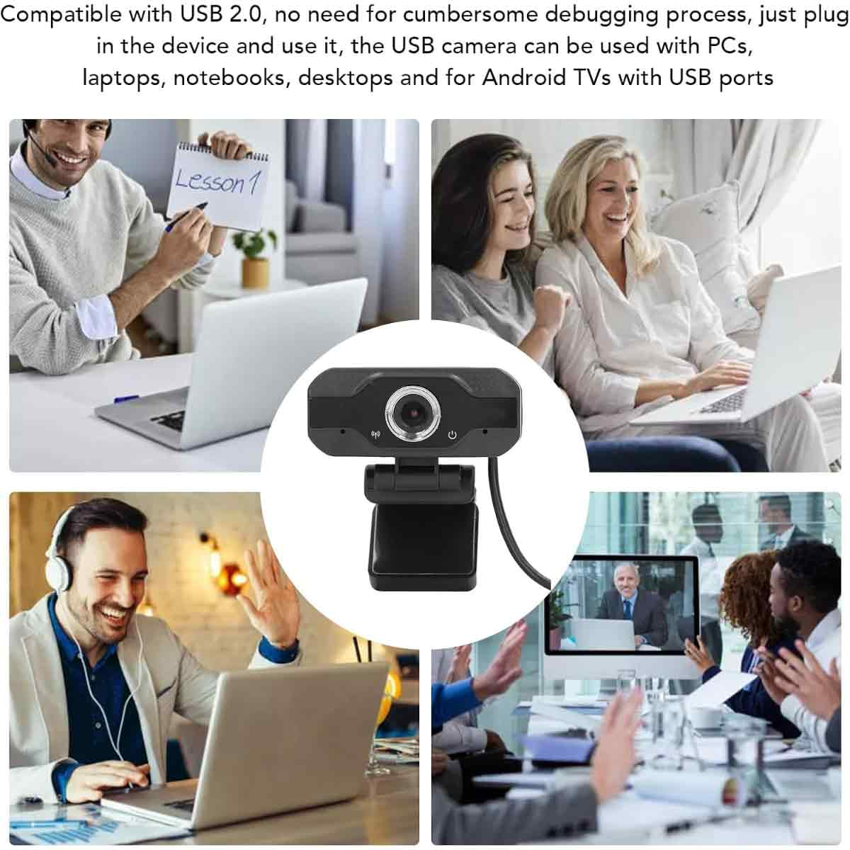 Collage zeigt Personen bei Videoanrufen und eine Webcam.