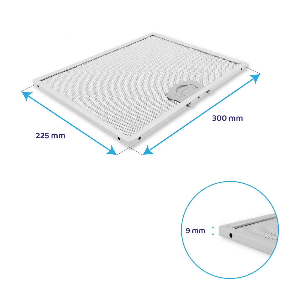 Un filtro bianco per cappa da cucina, dimensioni 225x300x9 mm.