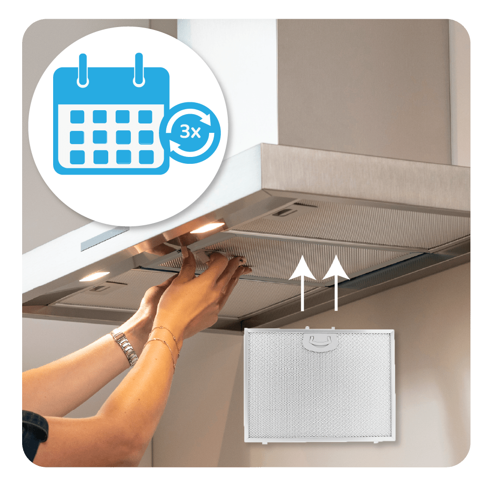 Persona cambia filtro cappa. Icona calendario con frecce 3x.
