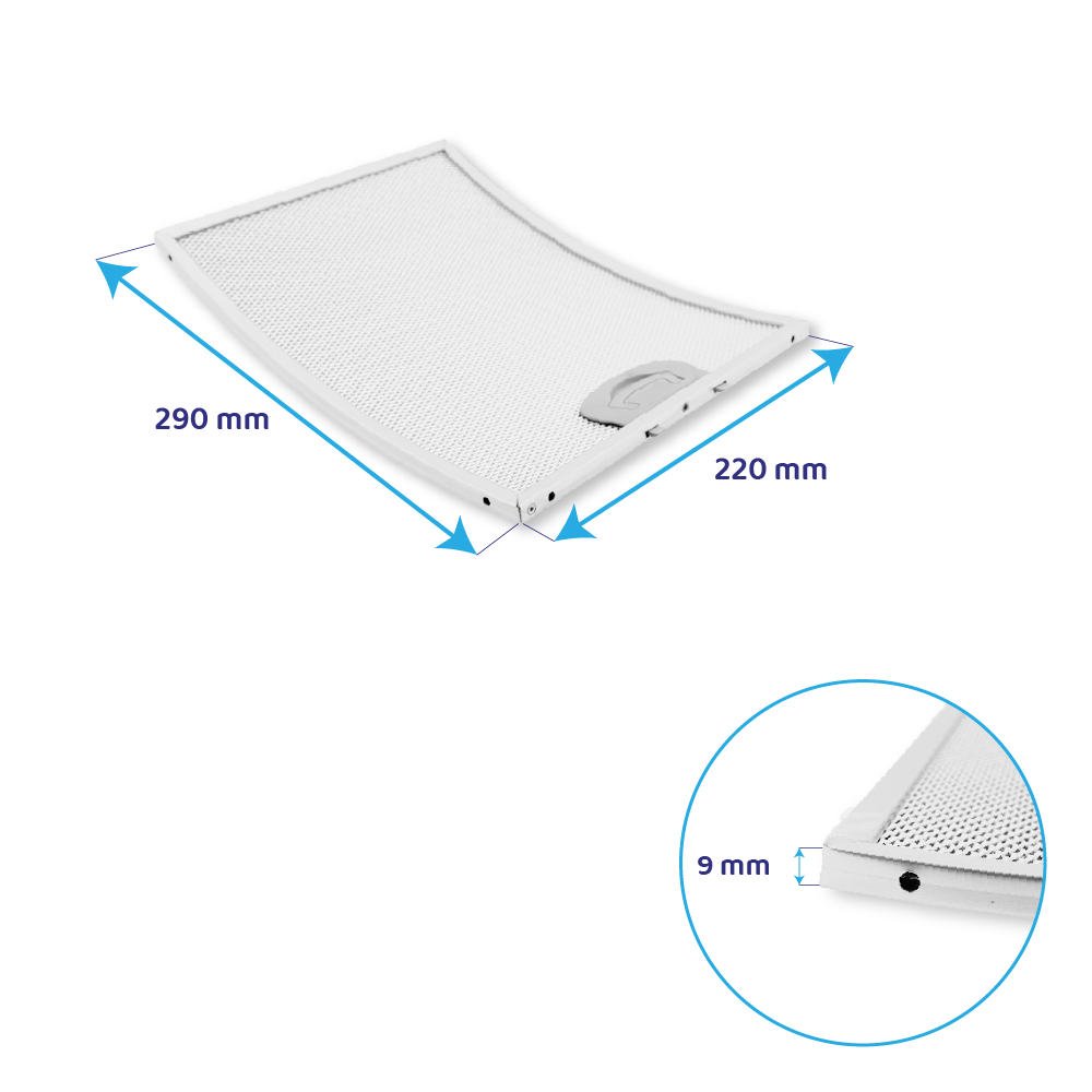Un filtro bianco per cappa da cucina di 290 x 220 mm e spessore 9 mm.