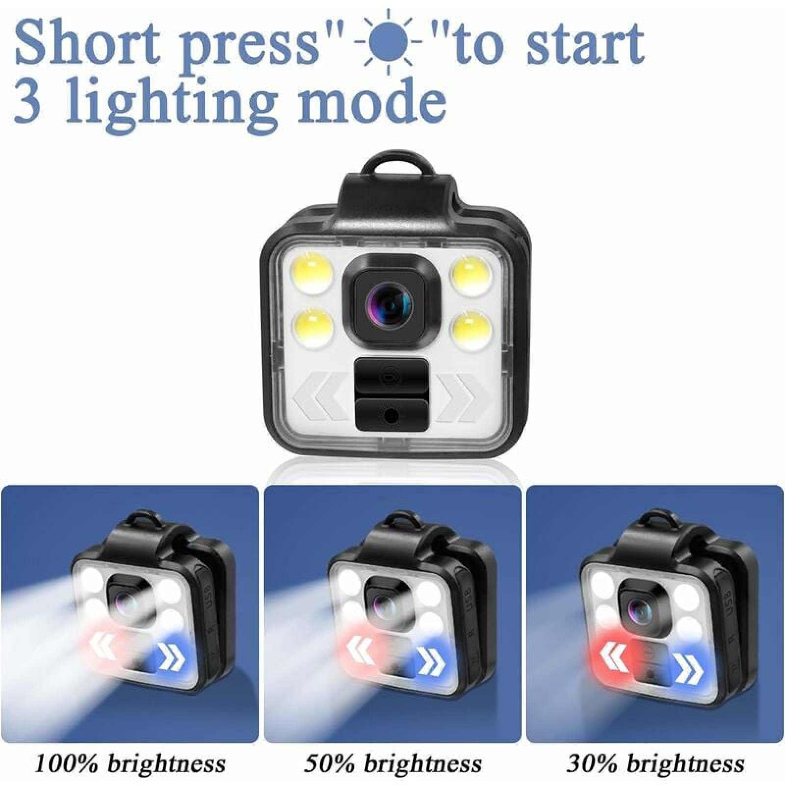 Ein kleiner schwarzer Scheinwerfer mit vier LEDs, Kamera und drei Helligkeitsmodi.