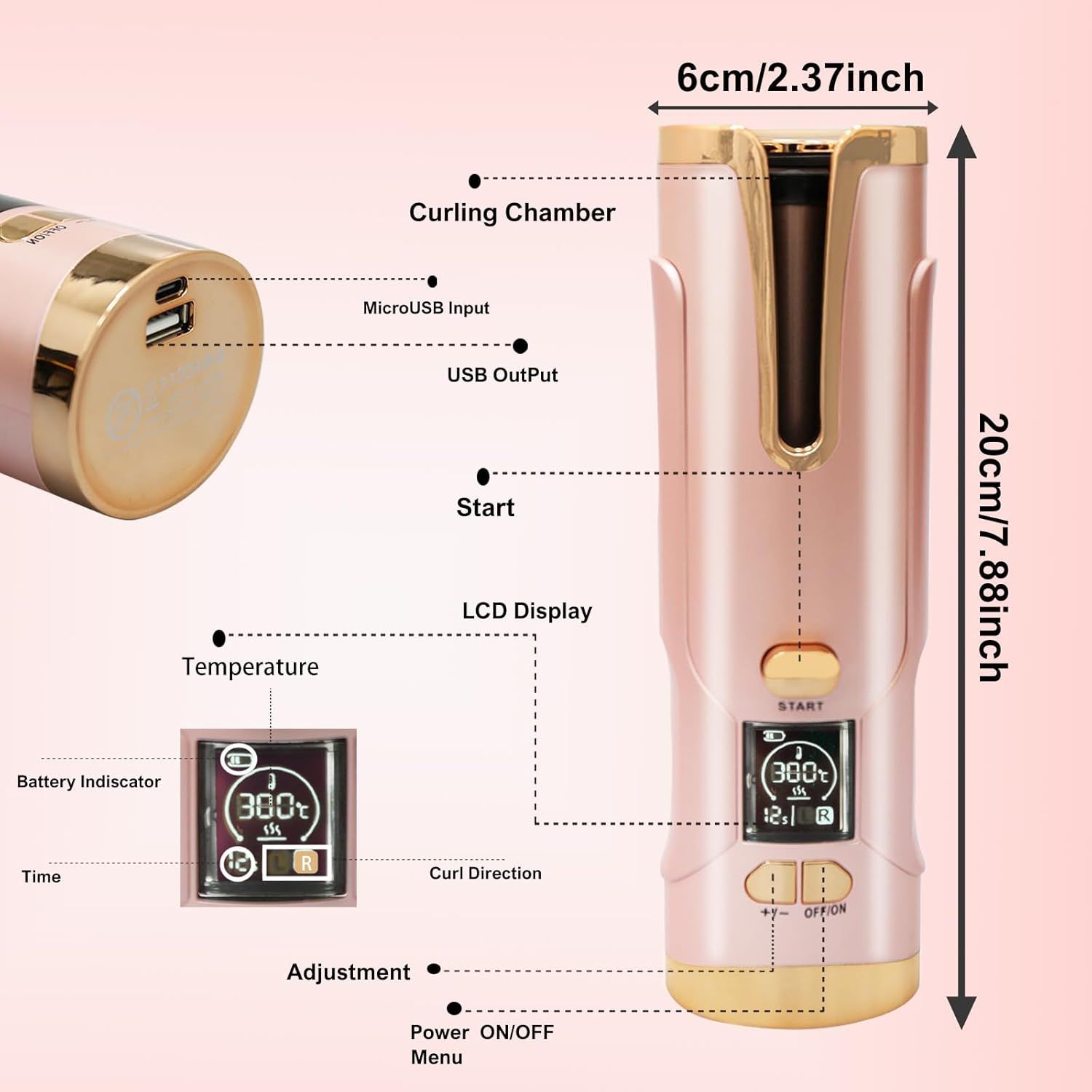 Ein roségoldener, kabelloser Lockenstab mit LCD-Display und USB-Anschlüssen.