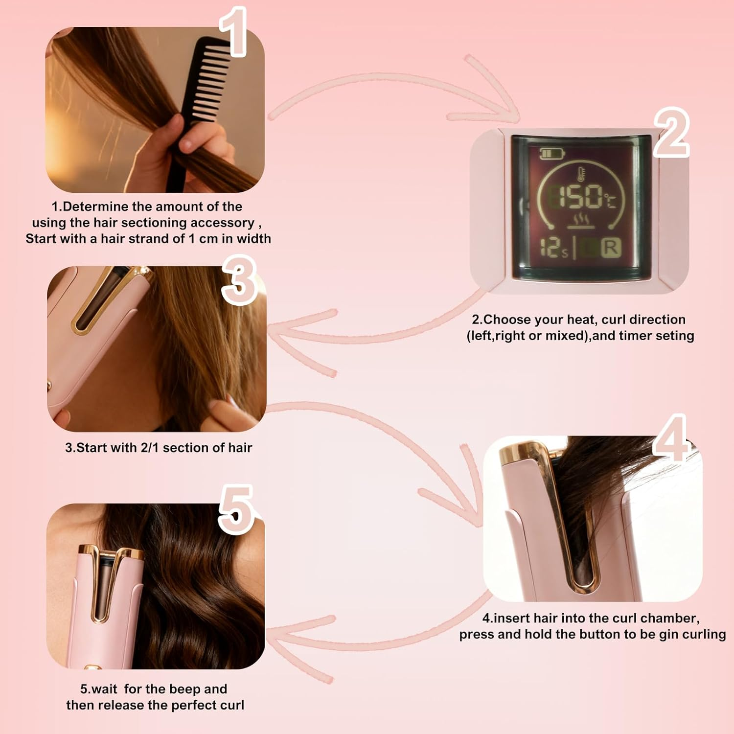 Anleitung zum Haarstyling mit einem Lockenstab: Haar abteilen, Einstellungen wählen, einlegen, locken.