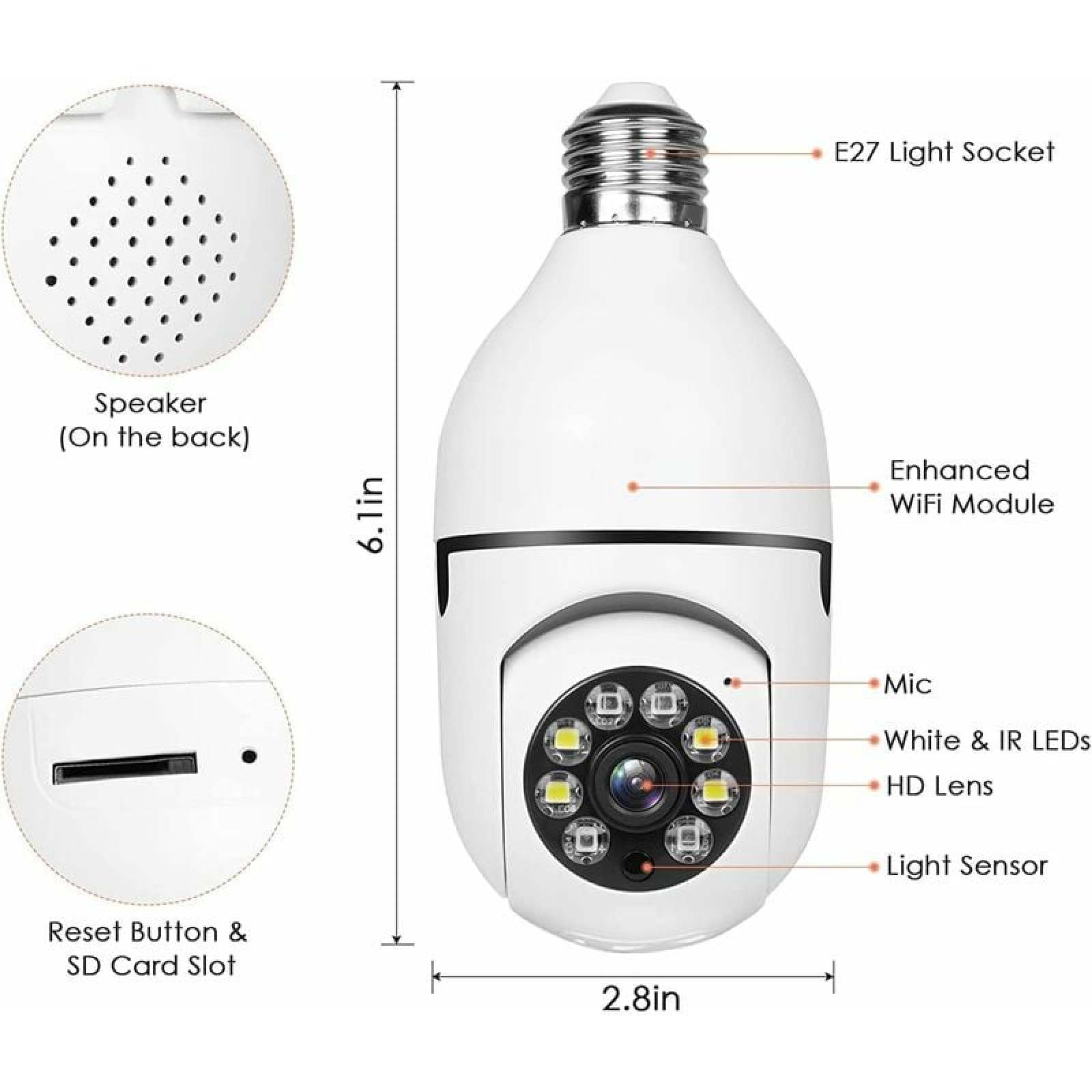Eine weiße Glühbirnenkamera mit E27-Sockel, HD-Linse, IR-LEDs und Lautsprecher.