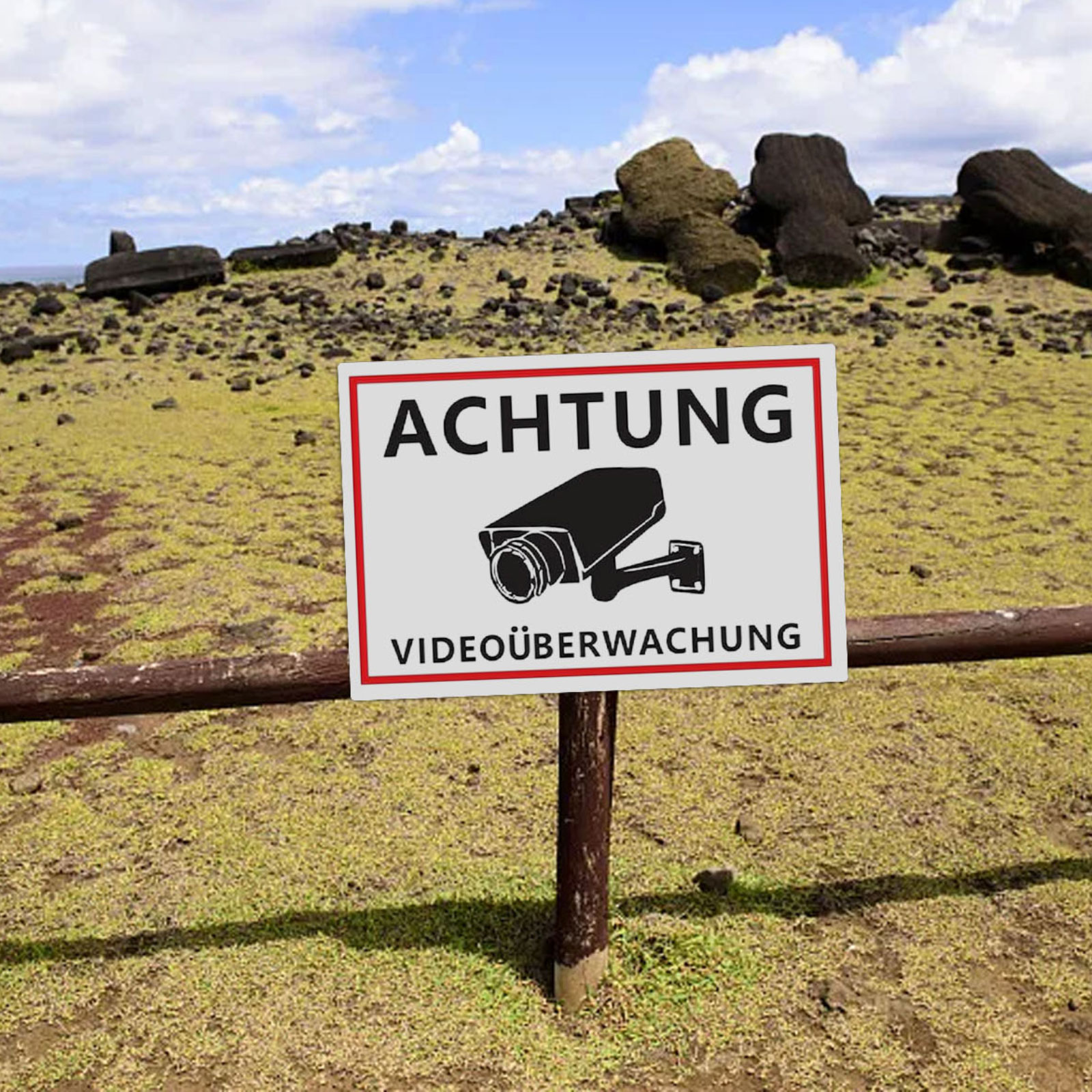 Achtung Videoüberwachung Schild vor Steinfiguren und grasbewachsener Landschaft.