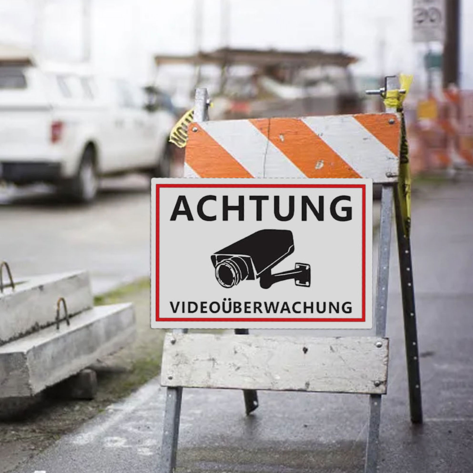 Achtung Videoüberwachung Schild auf Baustellenabsperrung mit Betonblöcken.