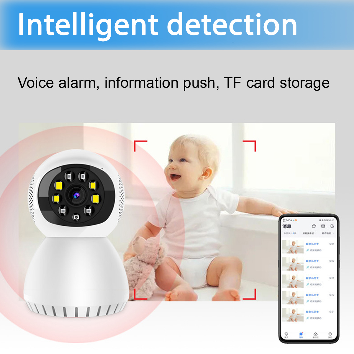 Weiße Überwachungskamera mit Baby, Teddybär und Handy-App-Anzeige.