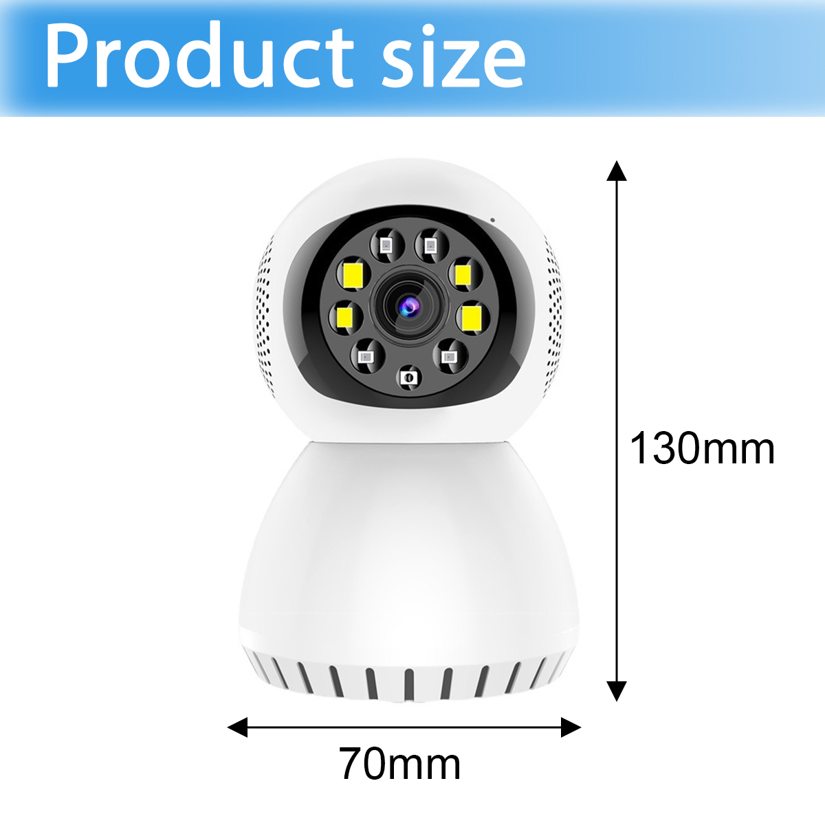 Weiße Überwachungskamera mit Infrarot-LEDs, 70mm breit, 130mm hoch.