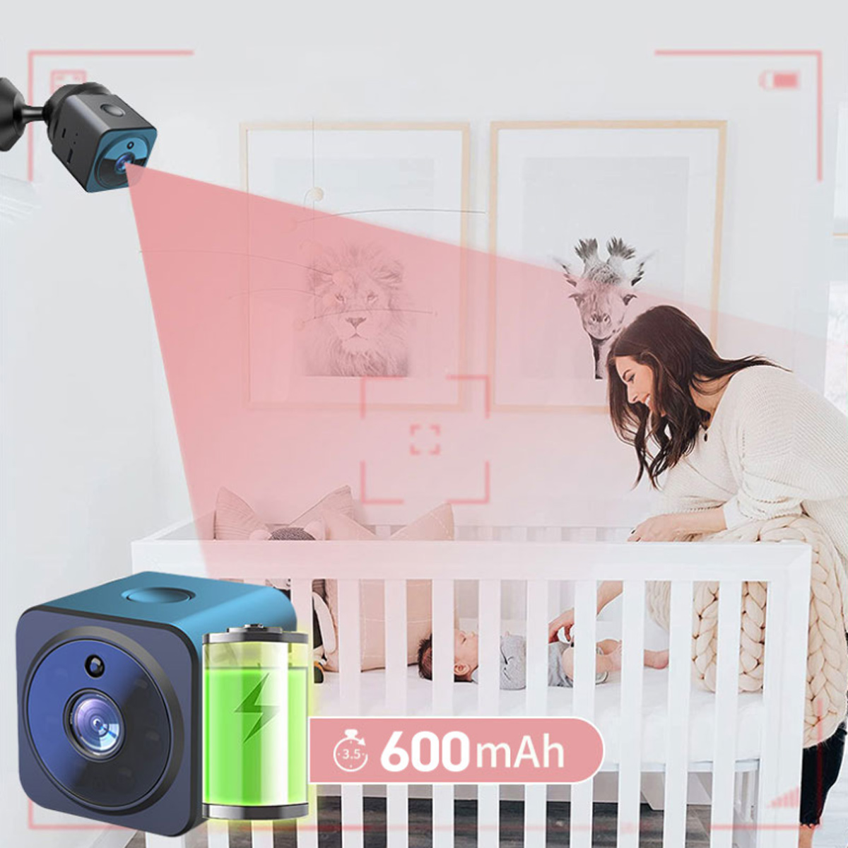 Babyphone mit Akku und Kameraüberwachung eines Kinderbettes.