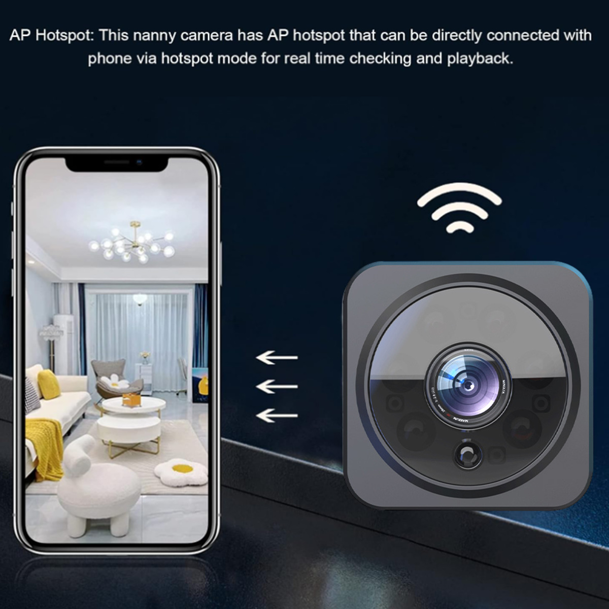 Ein Smartphone zeigt ein Wohnzimmer, daneben eine Kamera mit WLAN-Symbol.