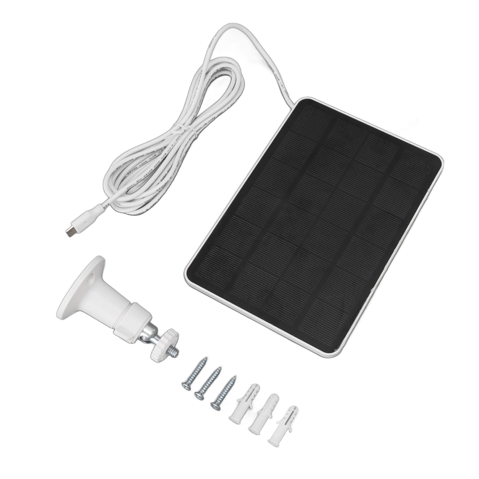 Solarpanel, weißes Kabel mit USB-Anschluss, Halterung, Schrauben und Dübel.