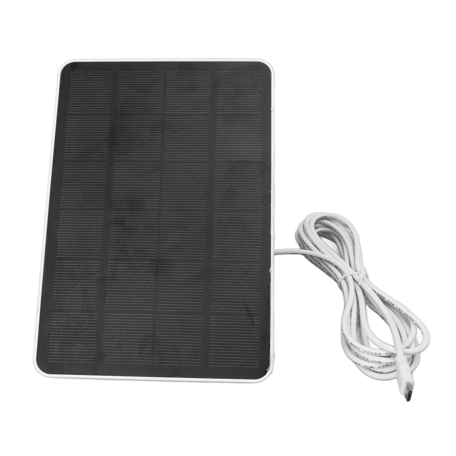 Ein rechteckiges Solarpanel mit weißem Rahmen und einem weißen USB-Kabel.