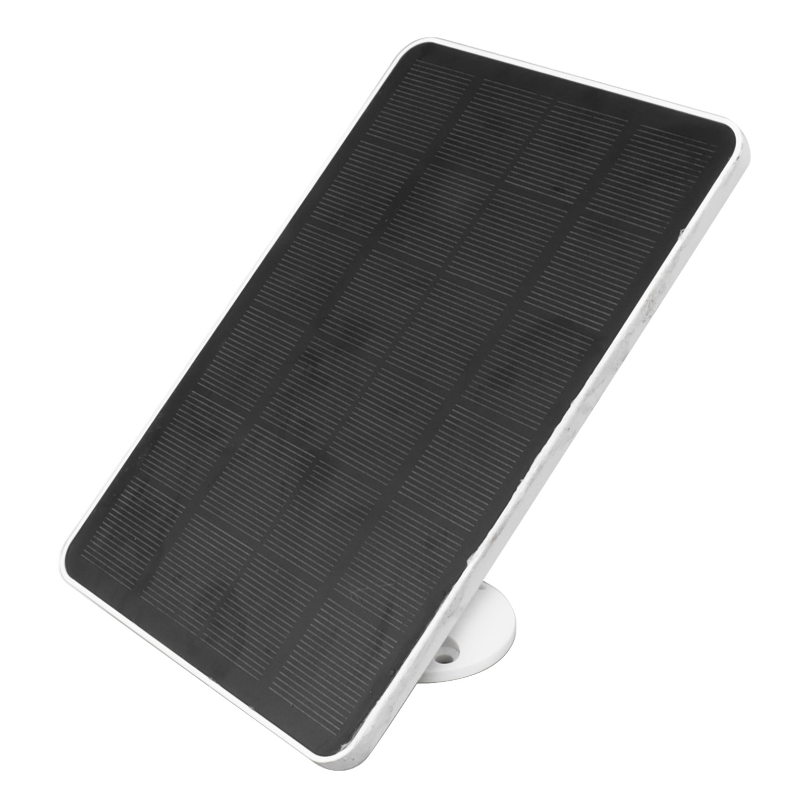 Ein schwarzes Solarpanel mit weißem Rahmen und Halterung auf weißem Hintergrund.