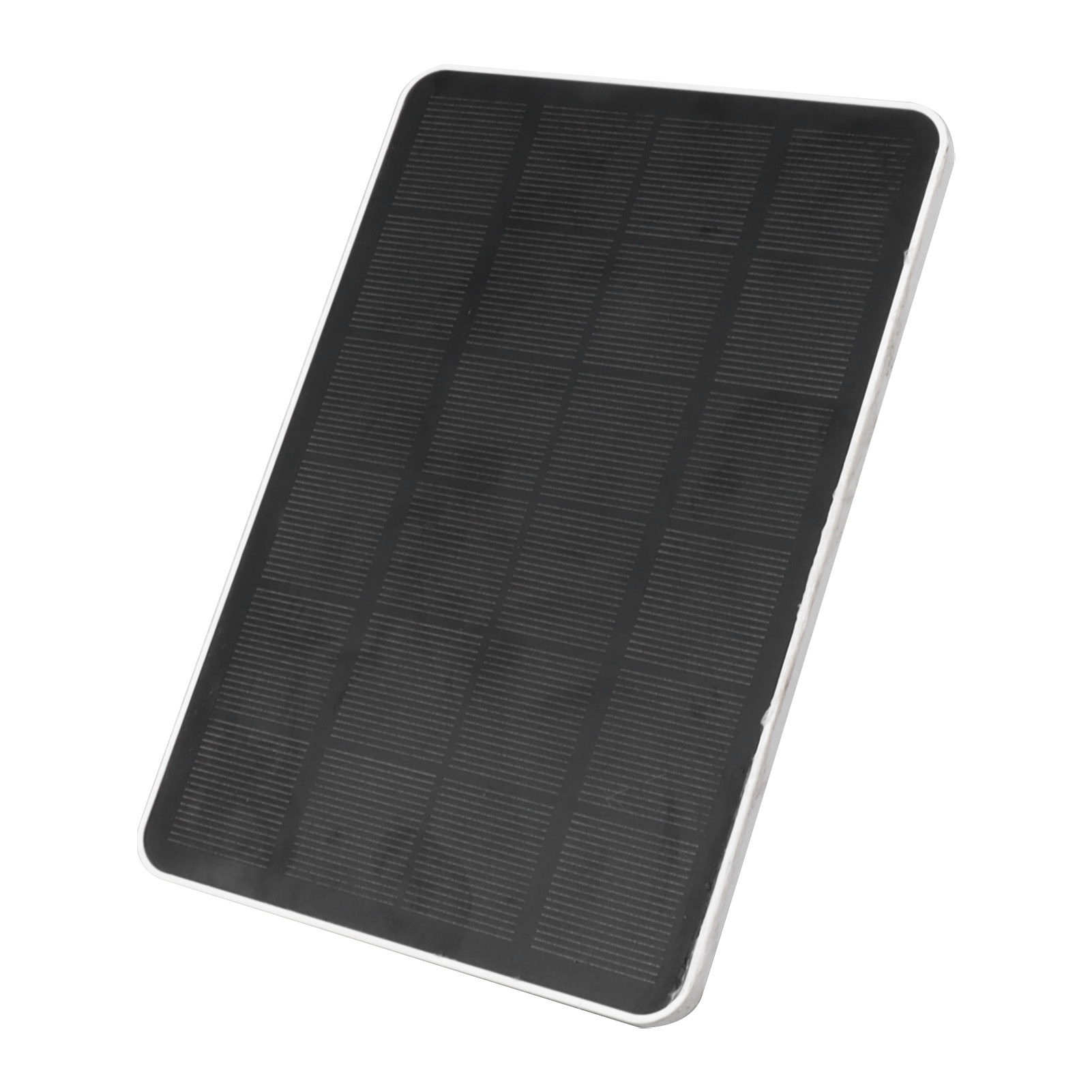 Ein rechteckiges Solarpanel mit schwarzer Oberfläche und weißem Rahmen.
