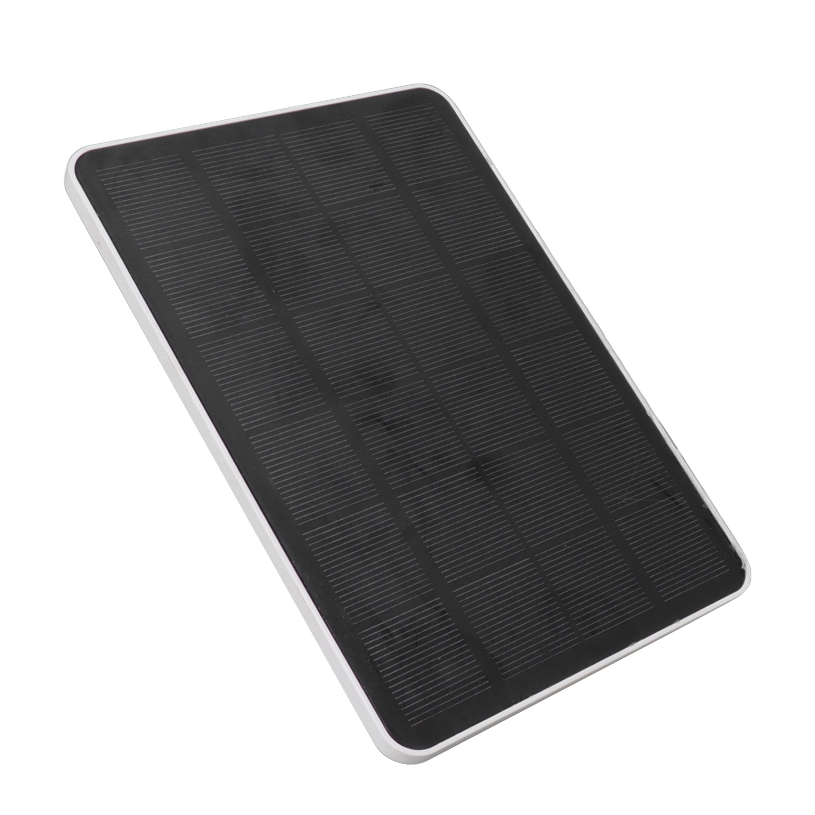 Ein rechteckiges schwarzes Solarpanel mit weißem Rahmen auf weißem Hintergrund.