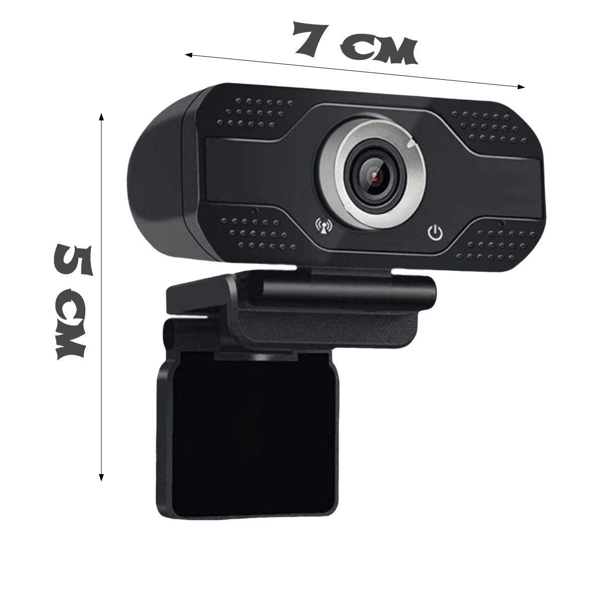 Eine schwarze Webcam mit den Maßen 7x5 cm, mit integriertem Mikrofon und Ständer.