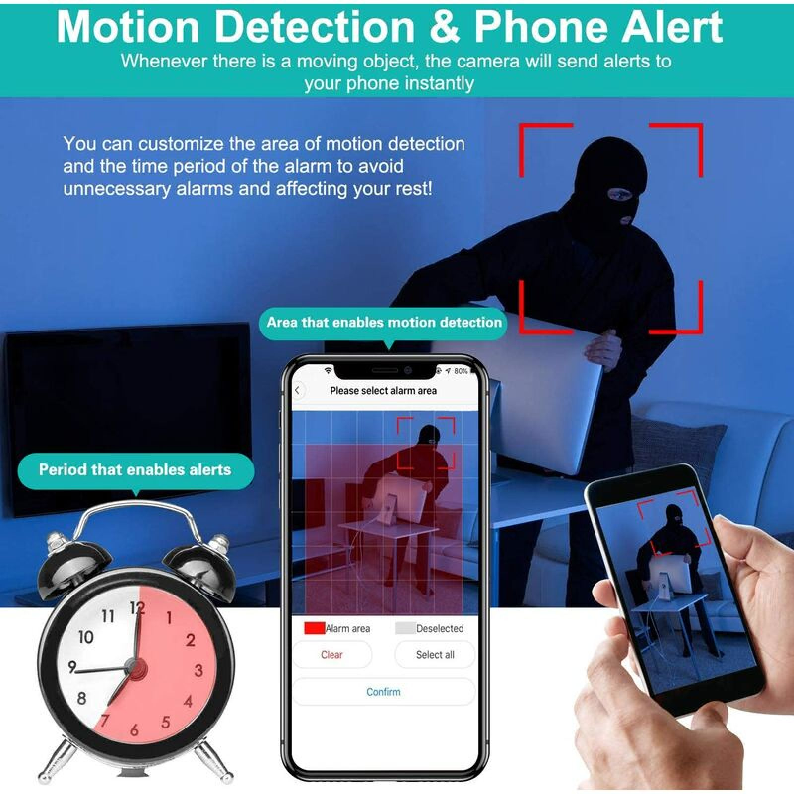 Einbrecher im Visier einer Überwachungskamera, App-Einstellungen für Bewegungserkennung.