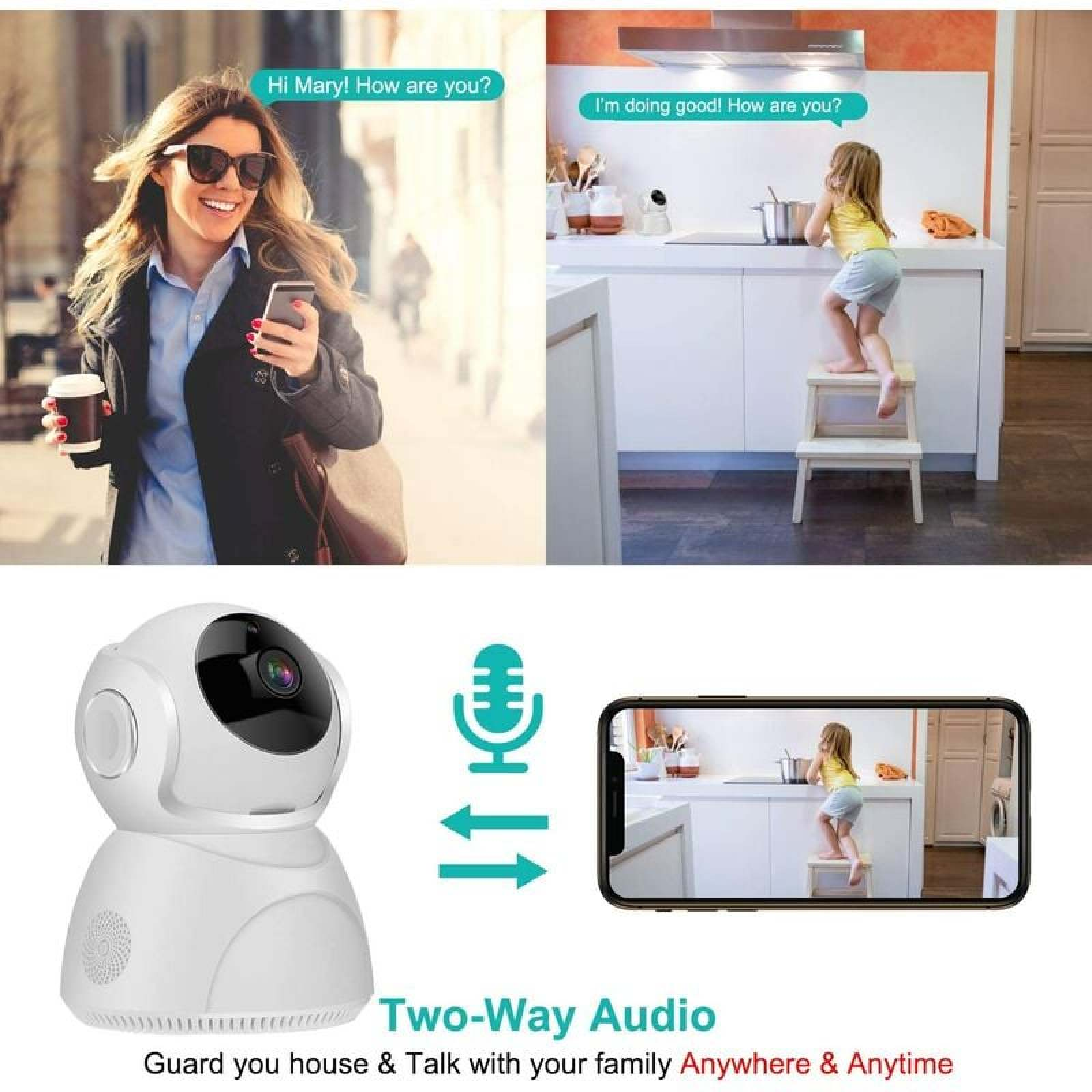 Eine Frau telefoniert, ein Kind auf einem Hocker in der Küche, eine Kamera und ein Smartphone.
