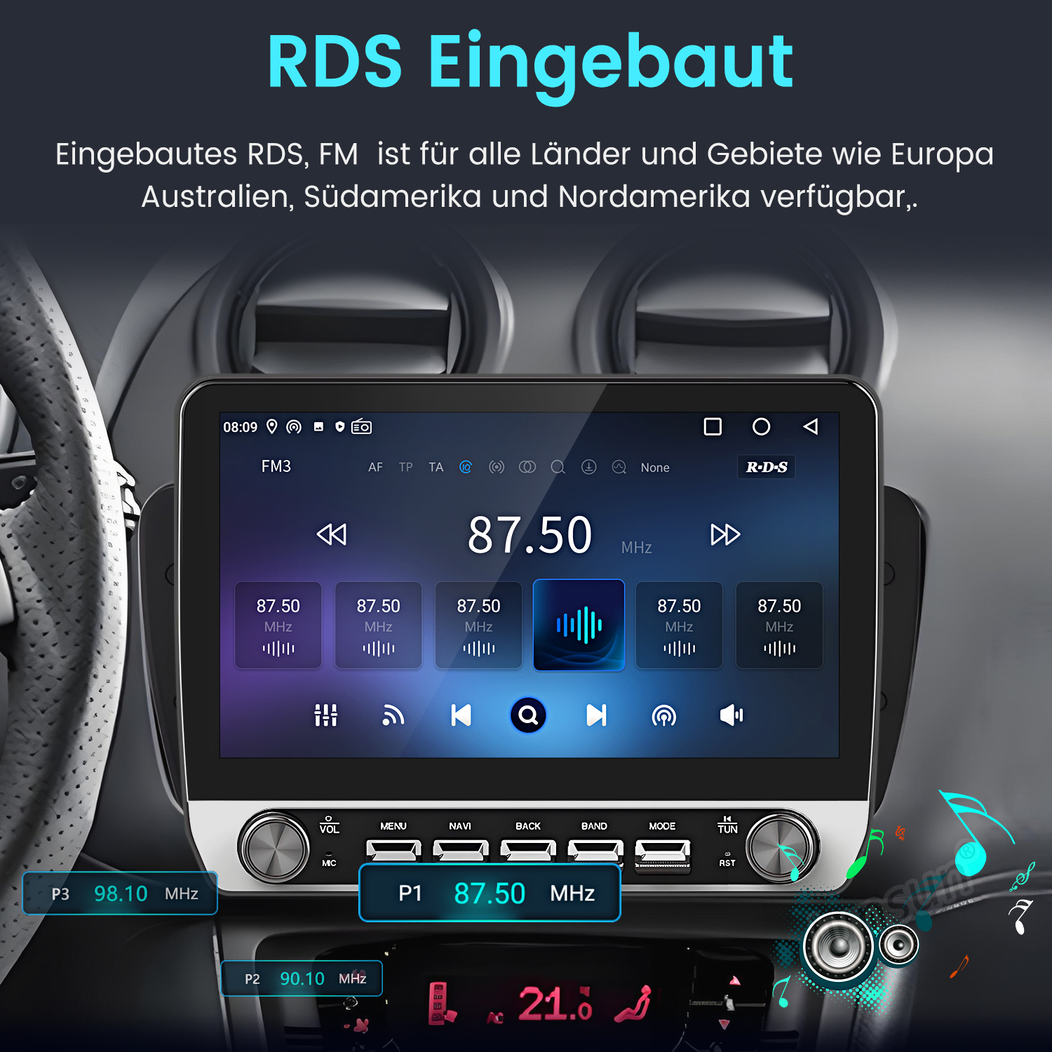 Einbau-RDS-FM-Radio mit Touchscreen und Tasten in einem Auto.