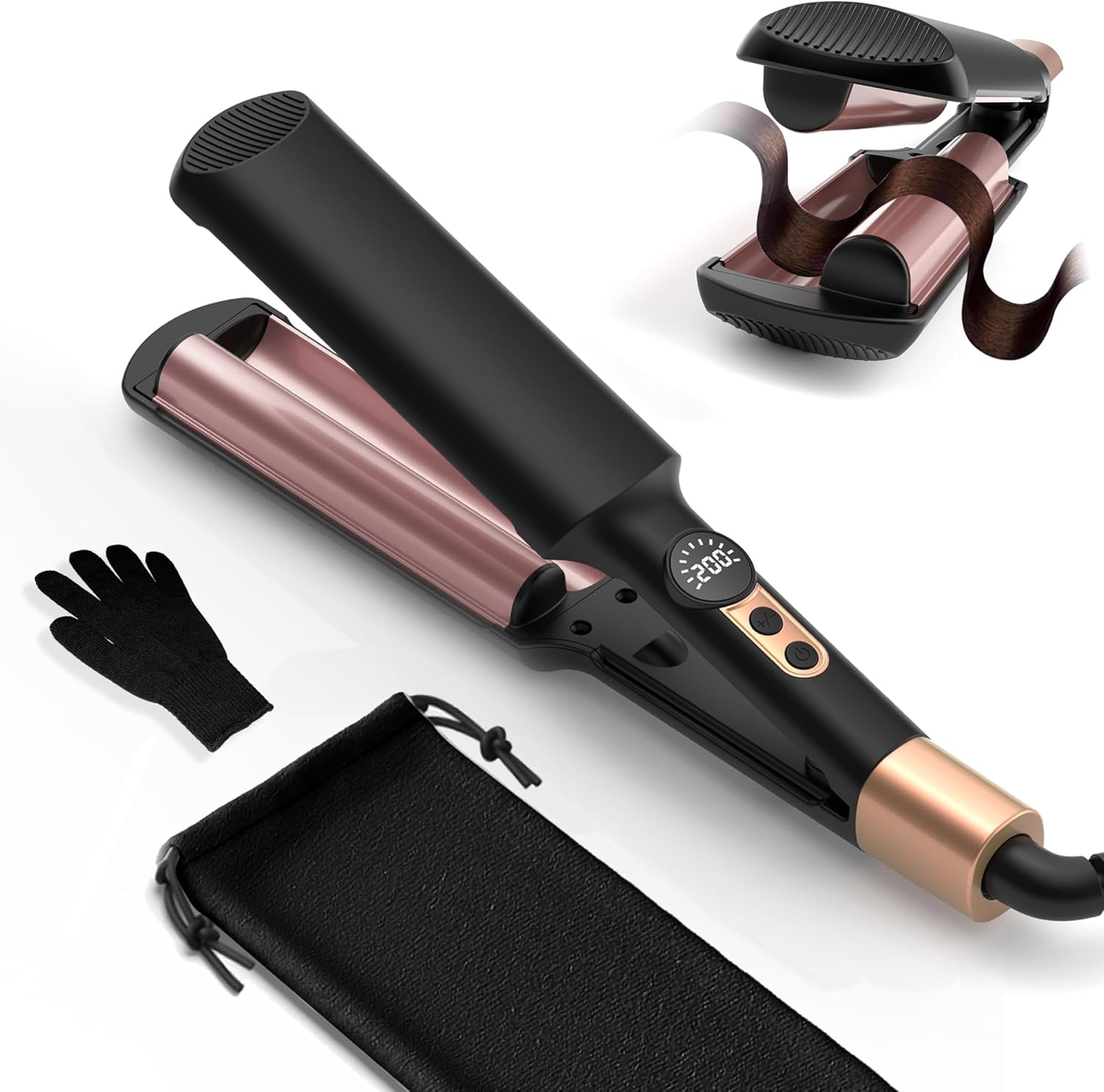 Ein schwarzer und roségoldener Lockenstab mit digitaler Anzeige, Handschuh und Beutel.