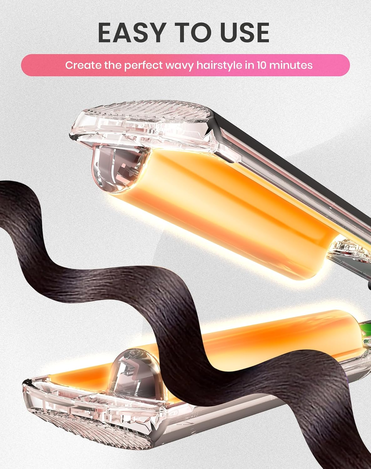 Ein glänzendes Haar wird durch ein glühendes Haarstyling-Gerät geführt.