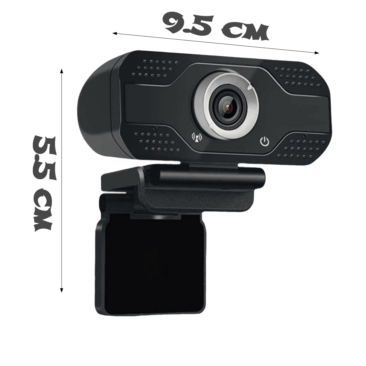 Schwarze Webcam mit Maßen von 9,5 cm Länge und 5,5 cm Höhe.