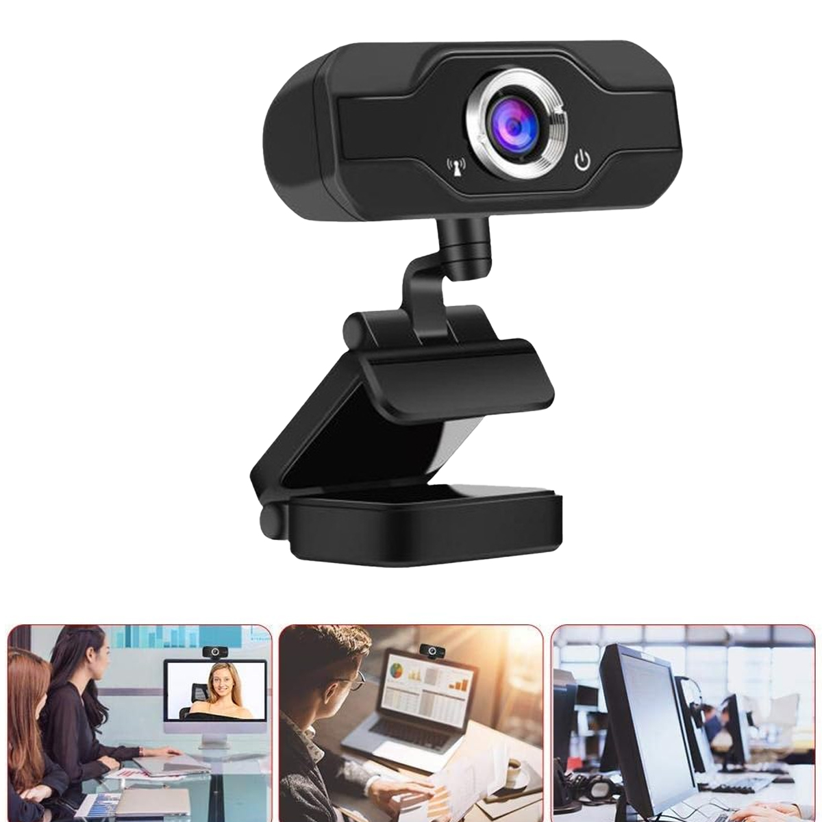 Schwarze Webcam mit verstellbarer Klammer. Zeigt Personen beim Videokonferenzen auf Computern.