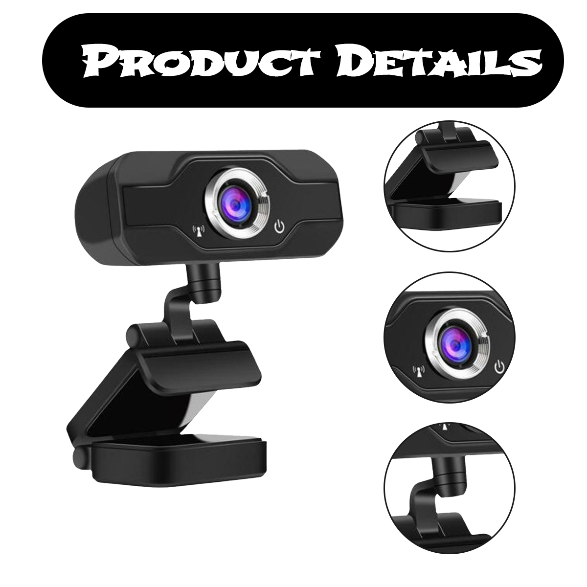 Schwarze Webcam mit Clip-Stativ, blauem Objektiv und Power-Symbol.