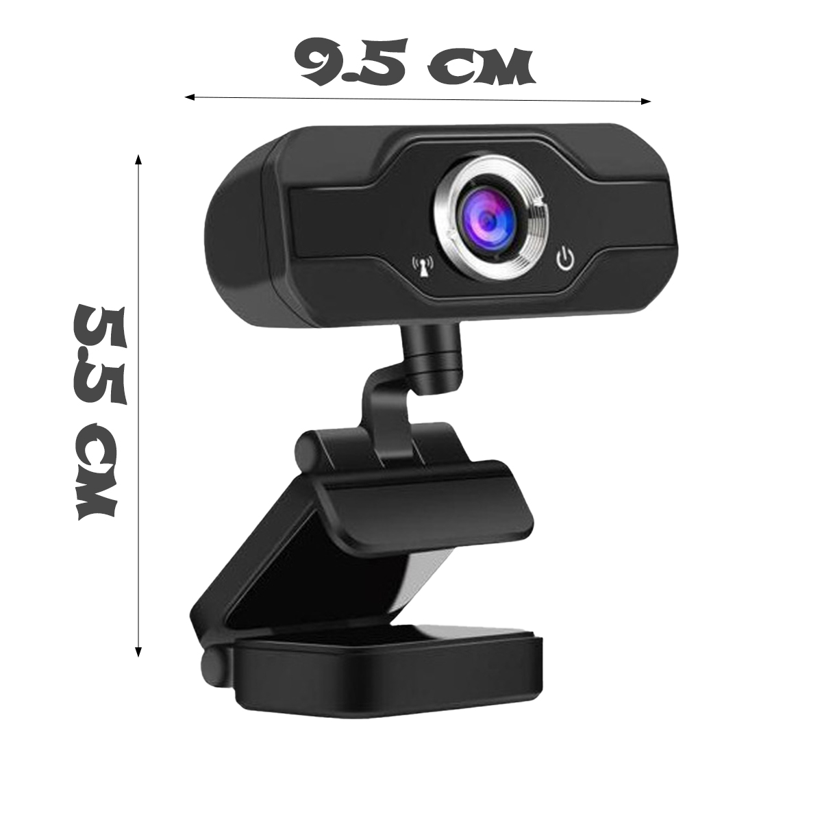 Schwarze Webcam mit Mikrofon. Maße: 9,5 cm breit, 5,5 cm hoch.