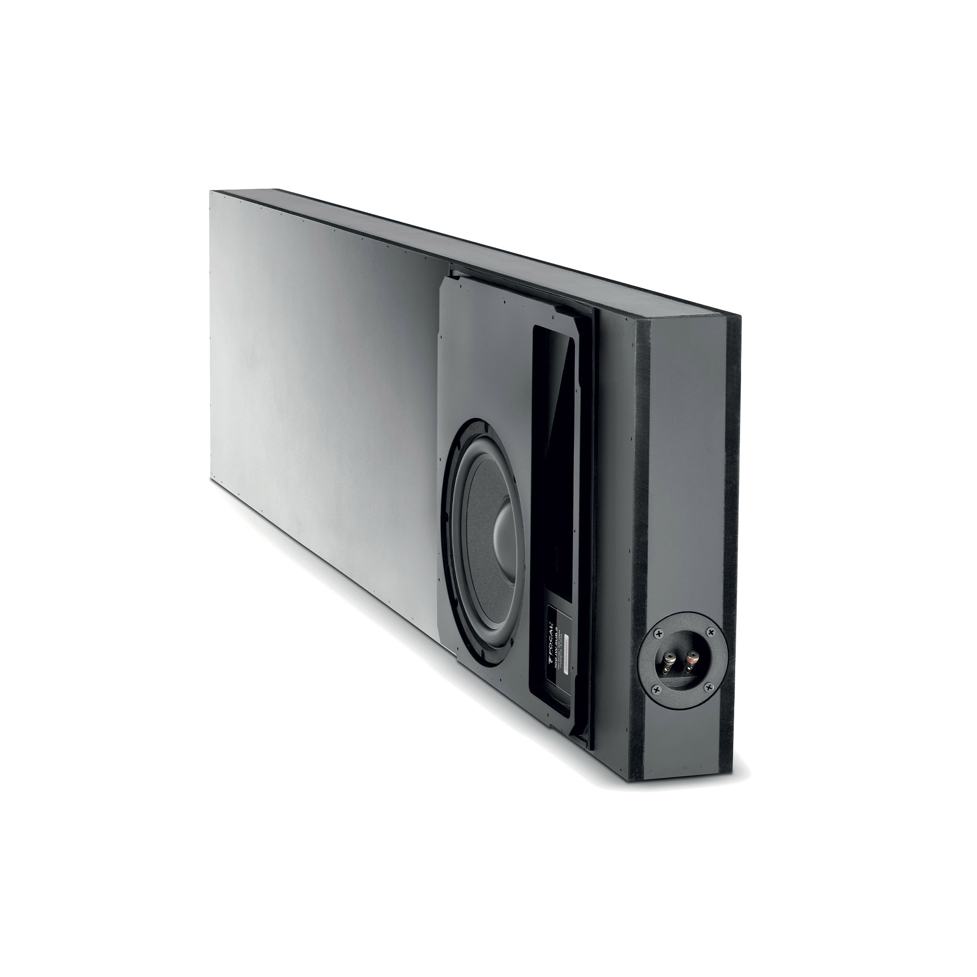 Schwarzer Subwoofer-Lautsprecher mit sichtbarem Treiber und Anschlüssen.