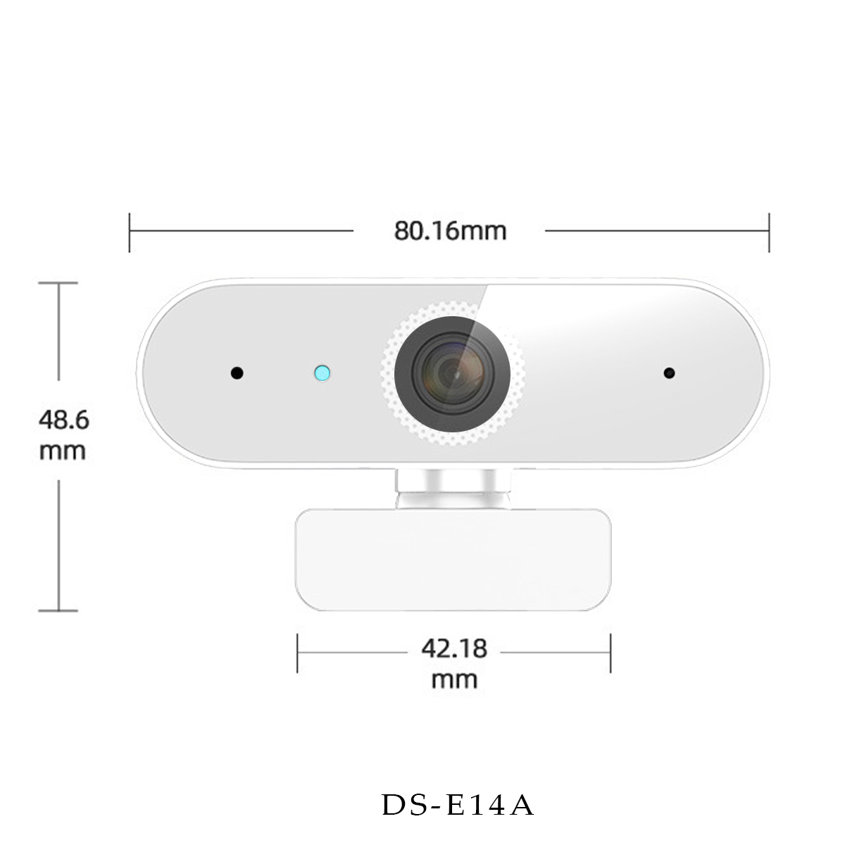 Weiße Webcam mit Maßen: 80,16 mm Breite, 48,6 mm Höhe, 42,18 mm Tiefe.