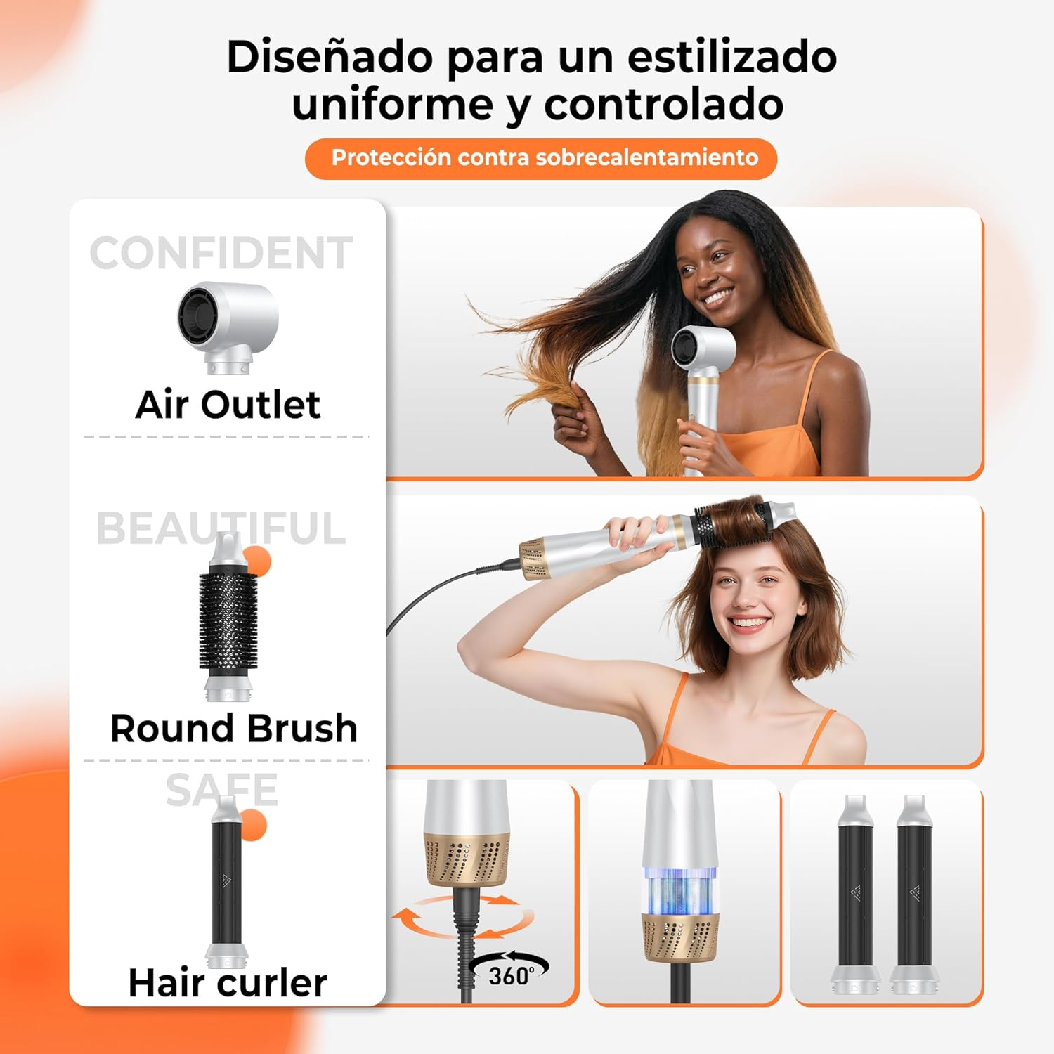 Produktanzeige mit drei Frauen, die Haartrockner und Bürsten benutzen.