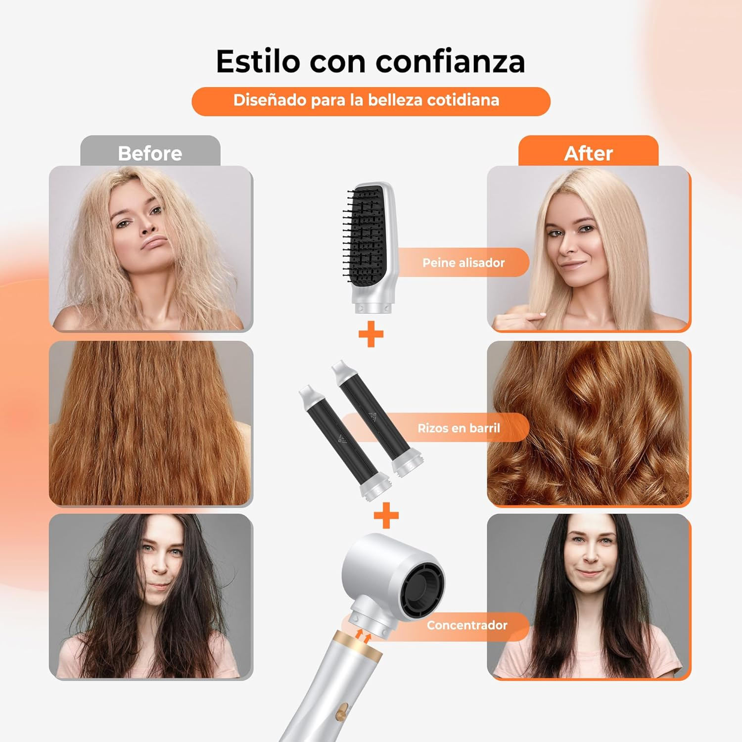 Vorher-Nachher-Vergleich von Frisuren mit Styling-Aufsätzen und einem Föhn.