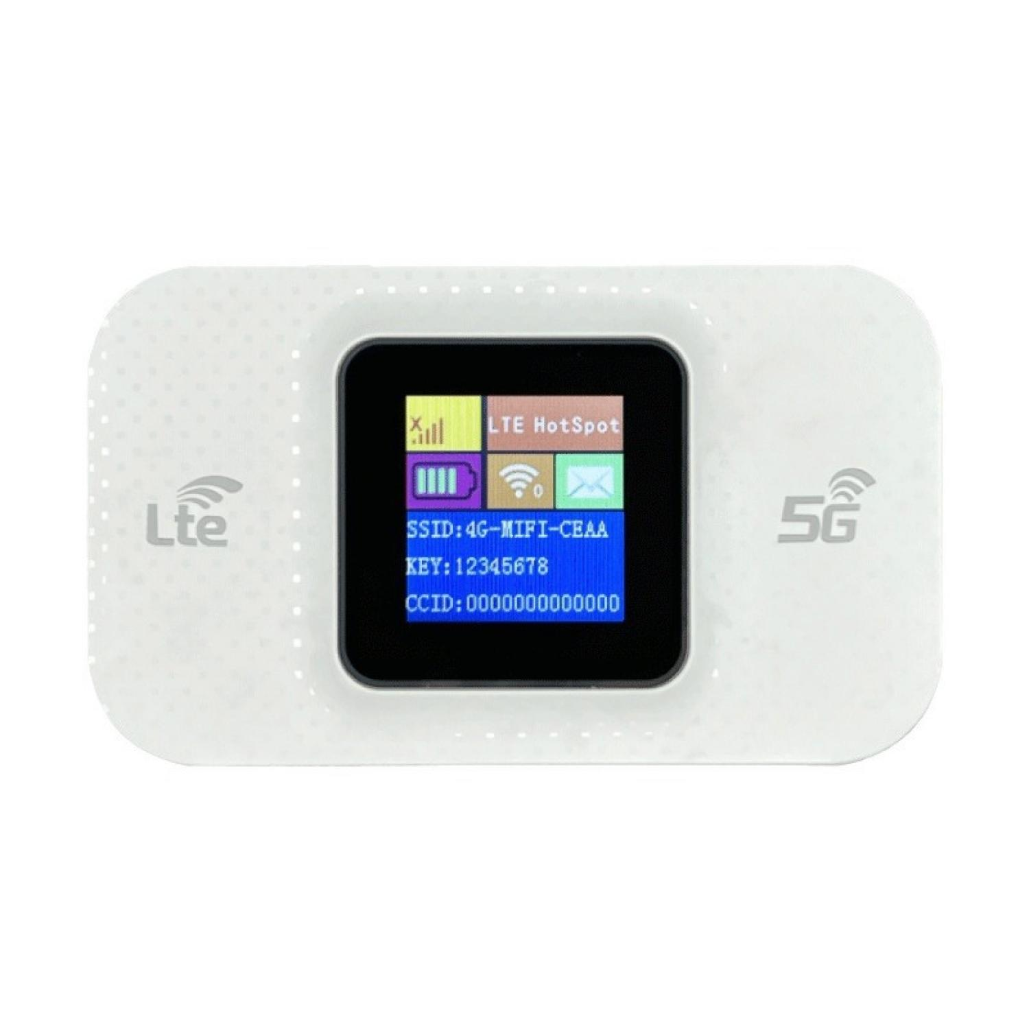 Weißes LTE HotSpot-Gerät zeigt SSID, KEY und CCID an. Mit LTE- und 5G-Logos.