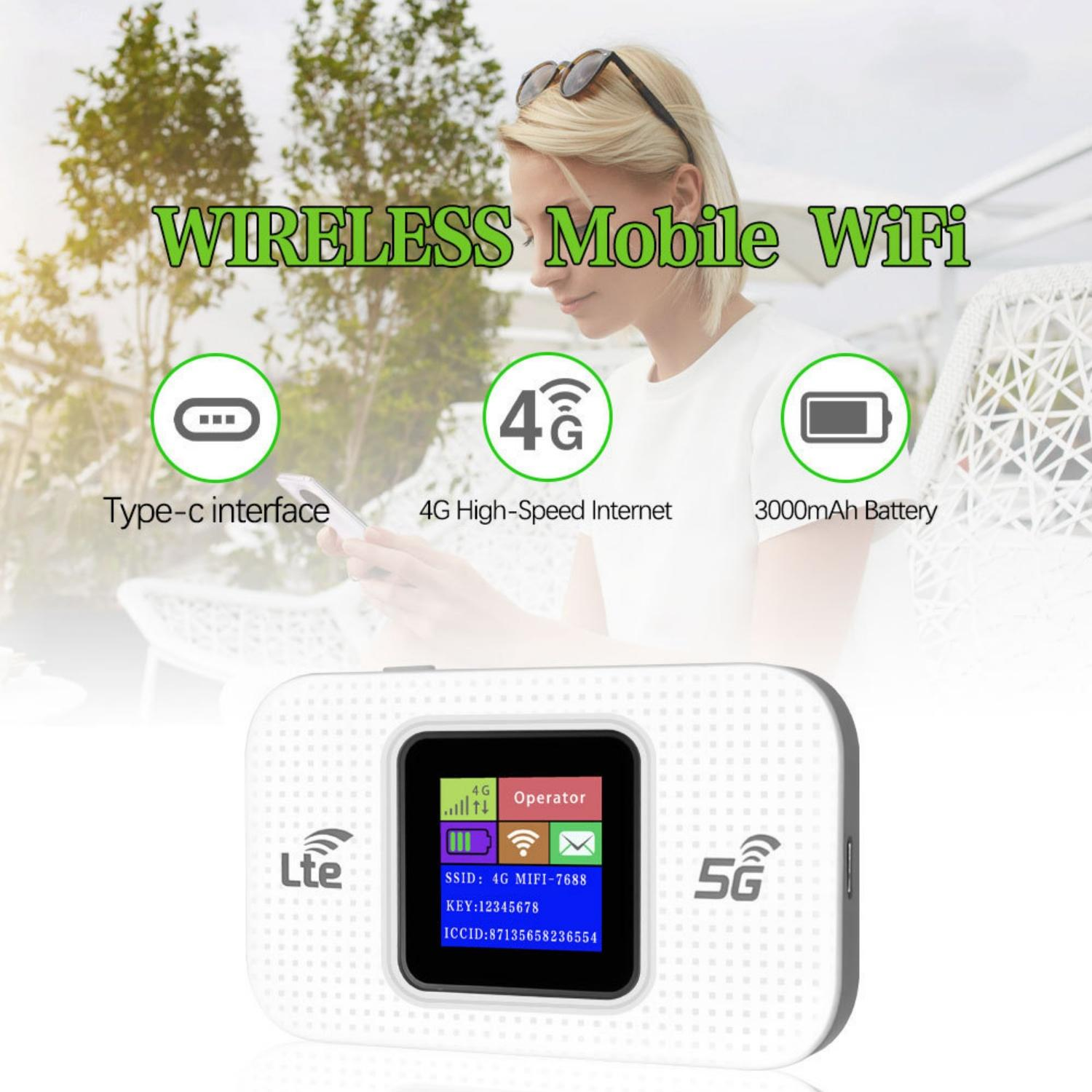 Frau mit Handy vor einem weißen WLAN-Gerät mit 4G und 5G Symbolen.