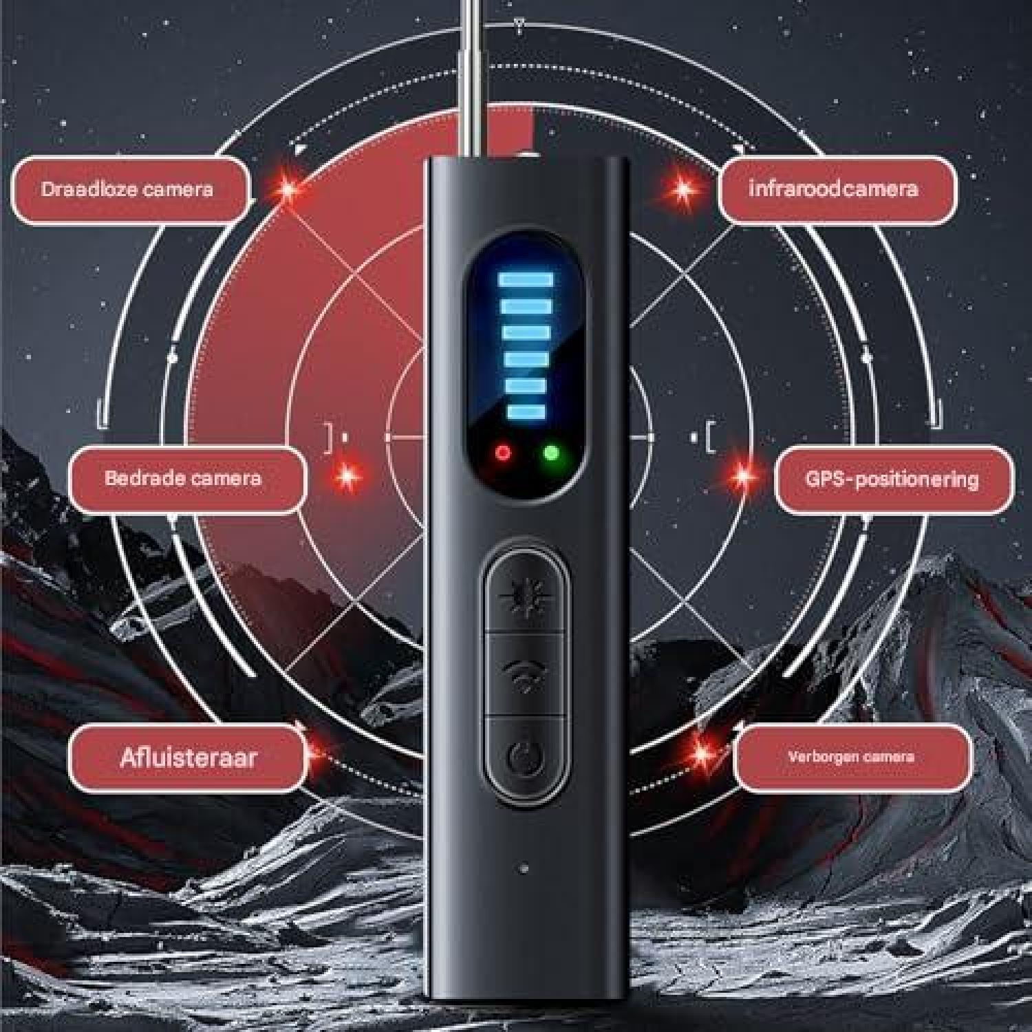 Ein schwarzes Detektorgerät mit einem Radarbildschirm und Beschriftungen für verschiedene Kameras und GPS.